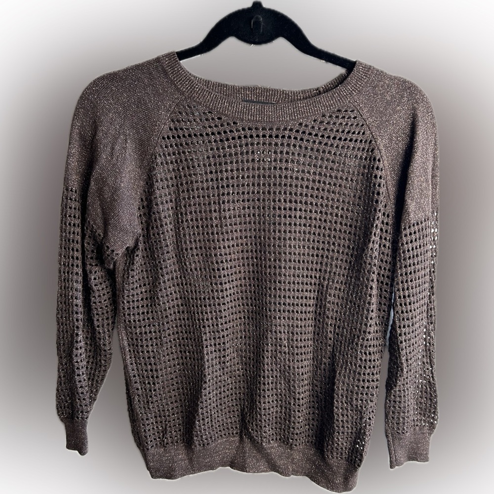 Express woman’s small petite s/p brown glitter gold netting quarter sleeve top.